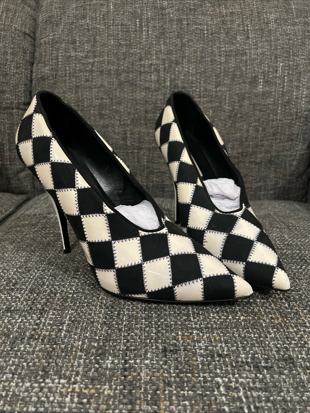 Stella McCartney Black/White Checkered Faux Patent Leather/ Suede Pumps size 41